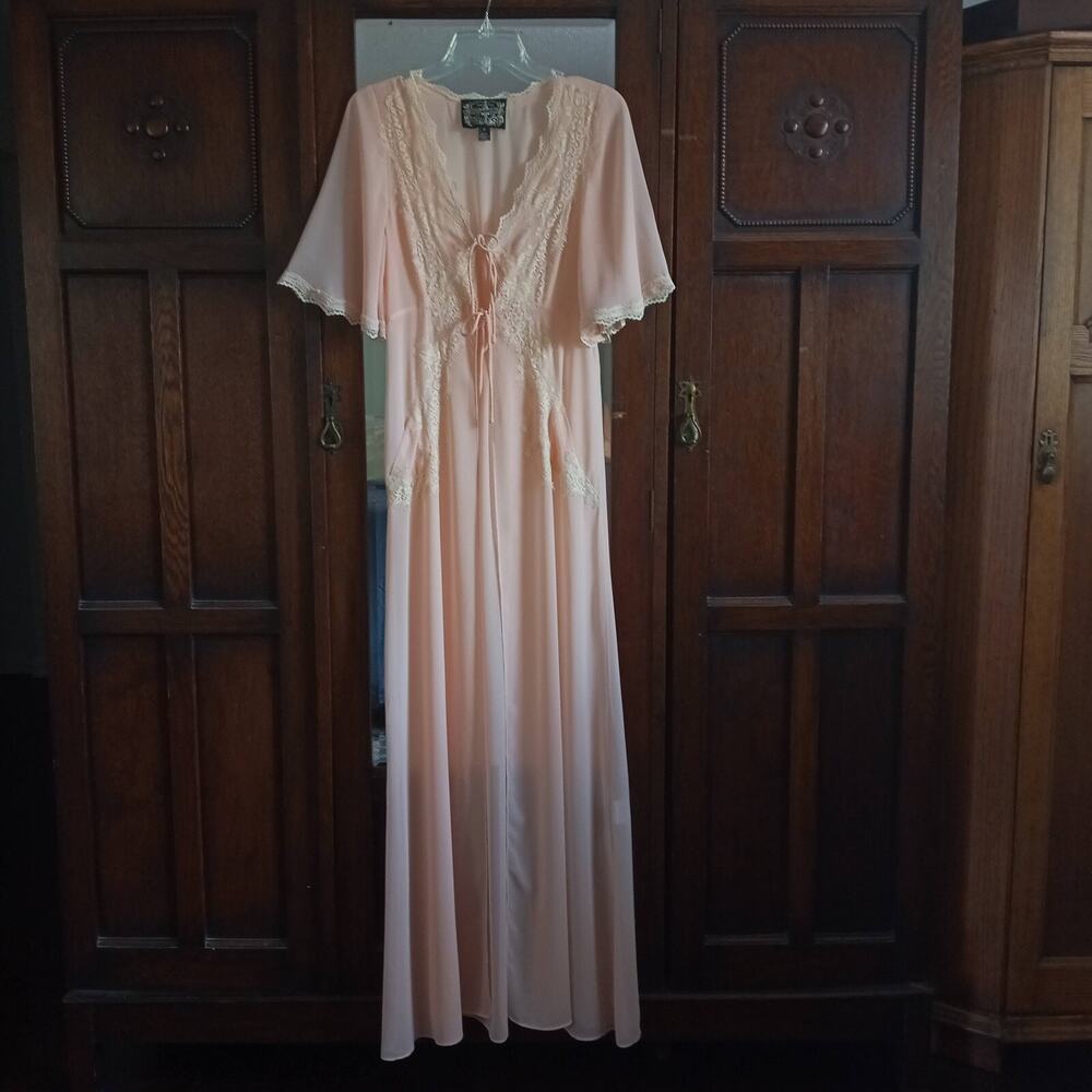 James Coviello Sheer Robe Peachy Pink Long Starlet Dressing Gown Romantic Lace S